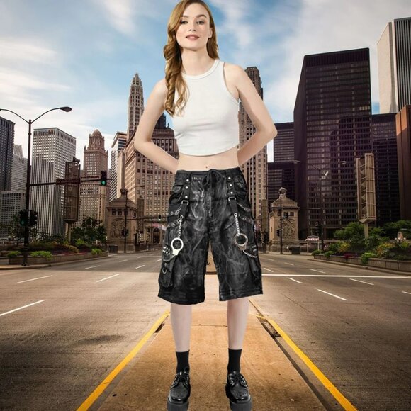 Womens Jeans Apocalyptic Punk Emo Mechanic Acid Gothic Cyber Shorts - Picture 3 of 4